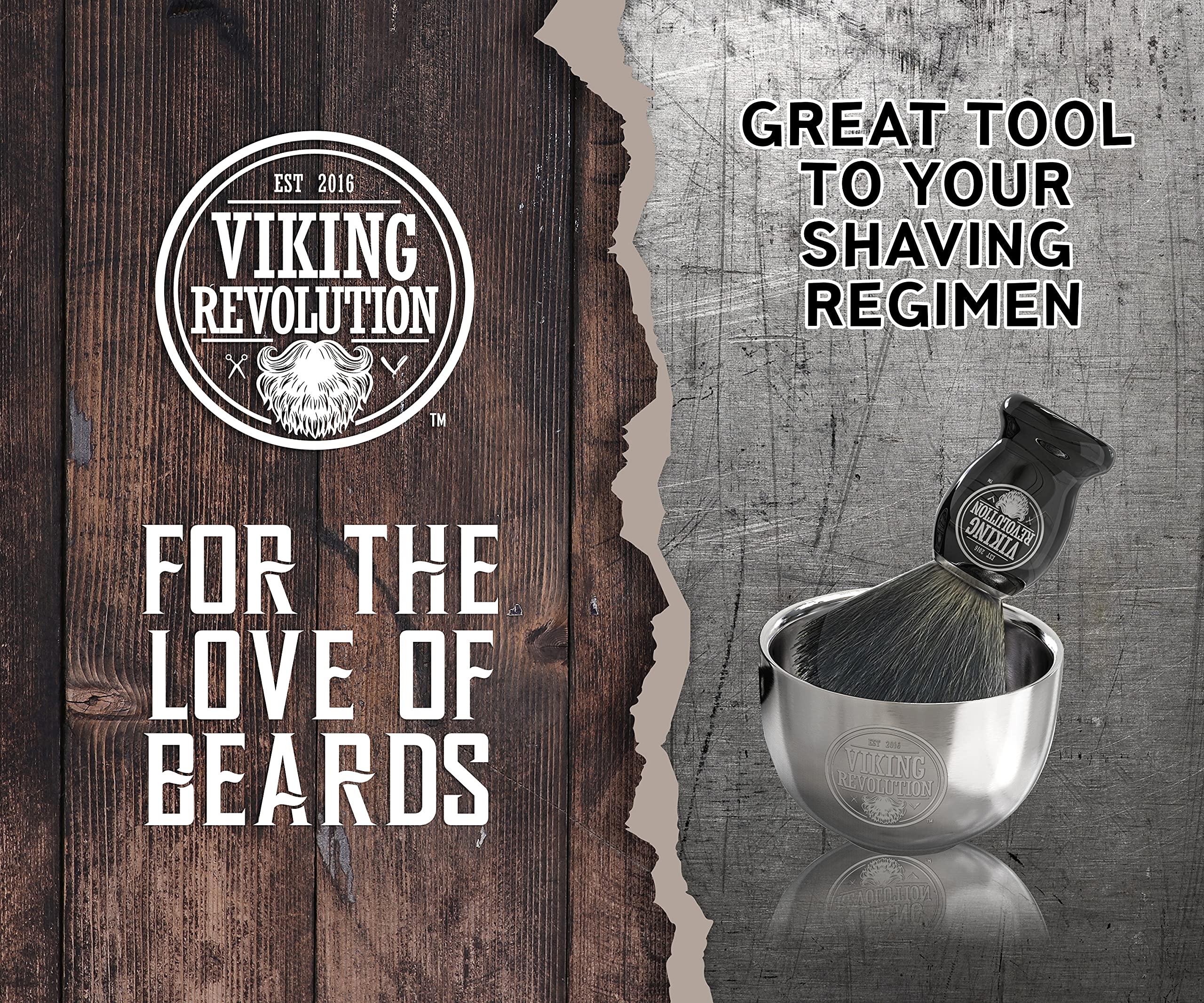 Brocha de tejón junto al tazón Viking Revolution para afeitado preciso