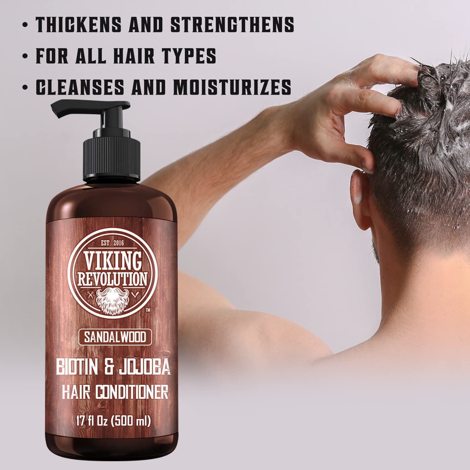 Acondicionador Viking Revolution con sándalo y biotina, nutritivo para cabello.