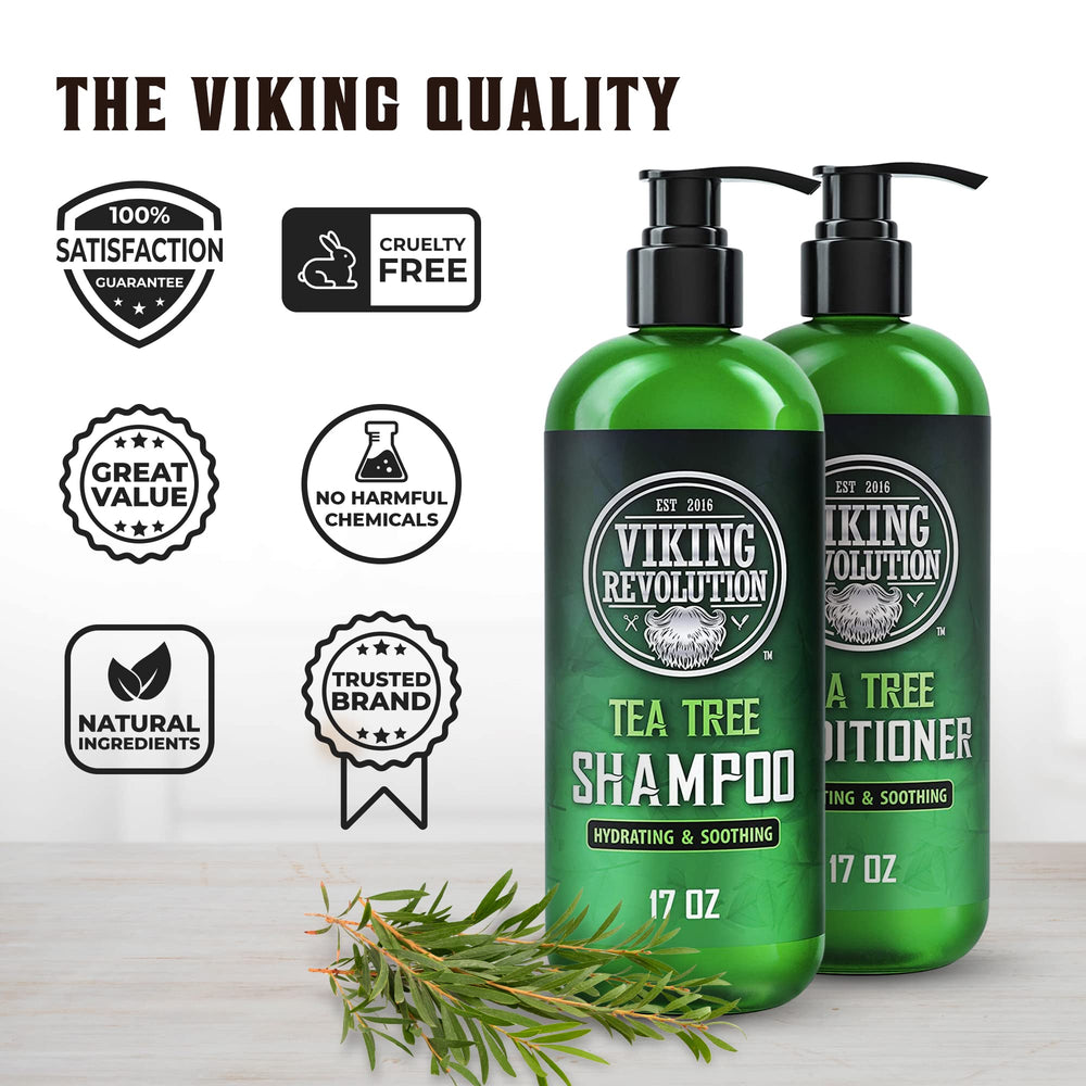 Etiqueta del champú de árbol de té de Viking Revolution con aceite natural