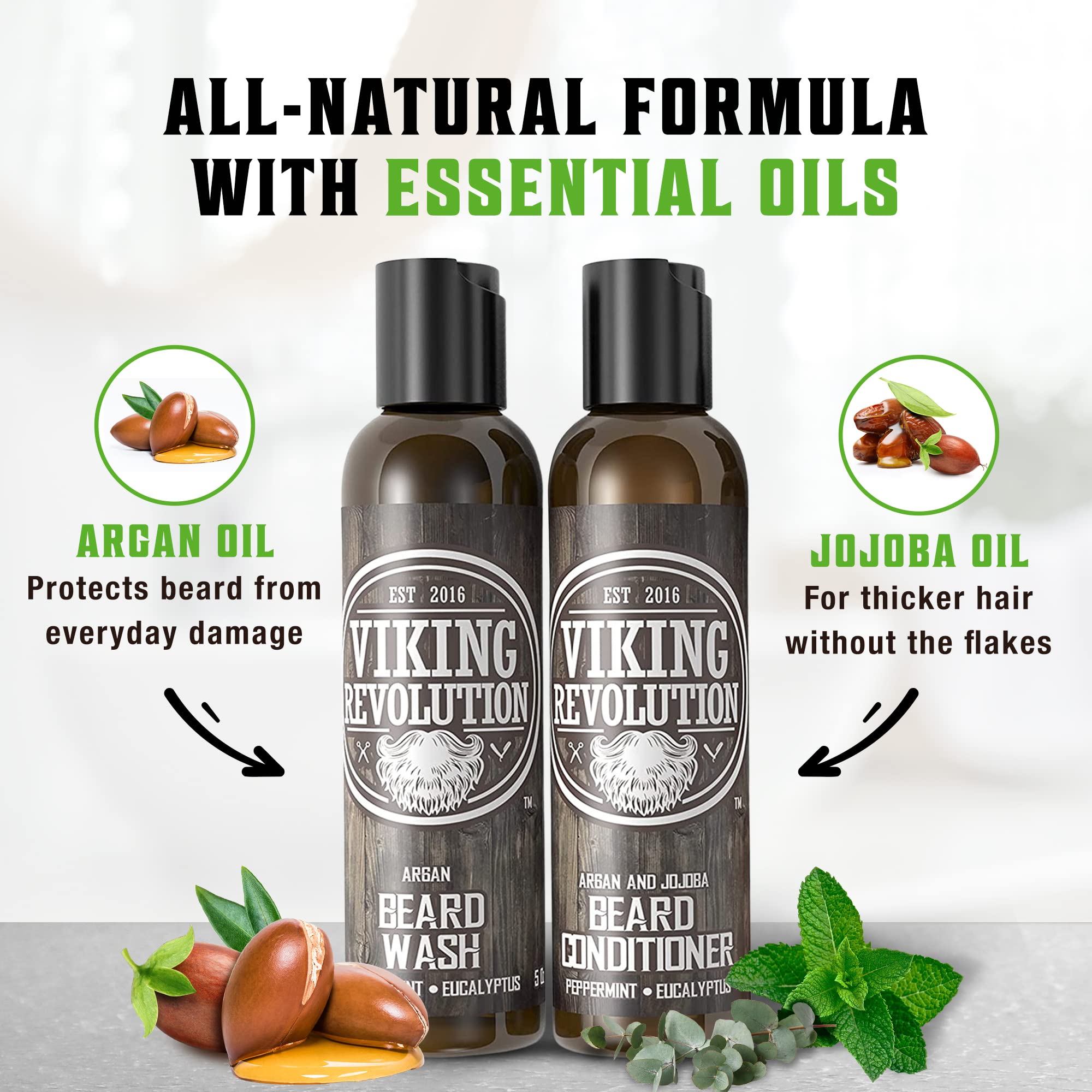 Ingredientes naturales: argán y jojoba para nutrición diaria de la barba.