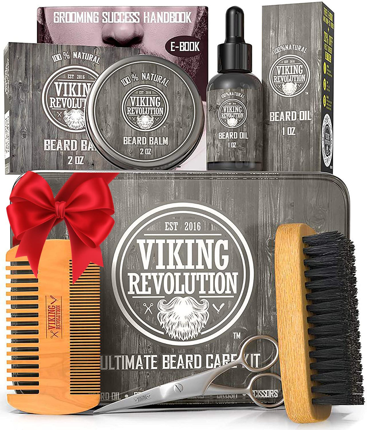 Kit Viking Revolution con estuche metálico, regalo práctico para barba.