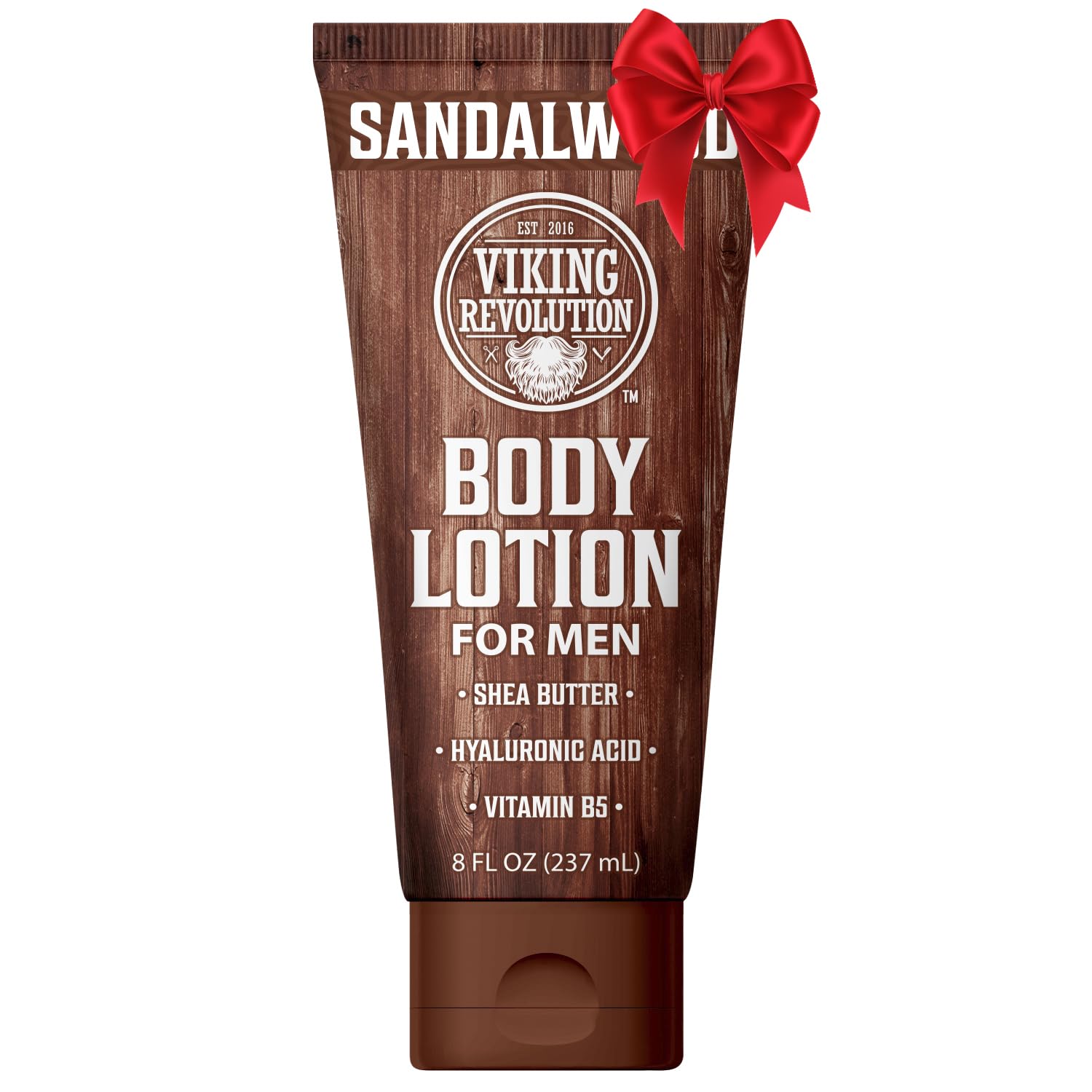 Viking Revolution loción corporal con sándalo en botella, hidratación profunda para la piel.
