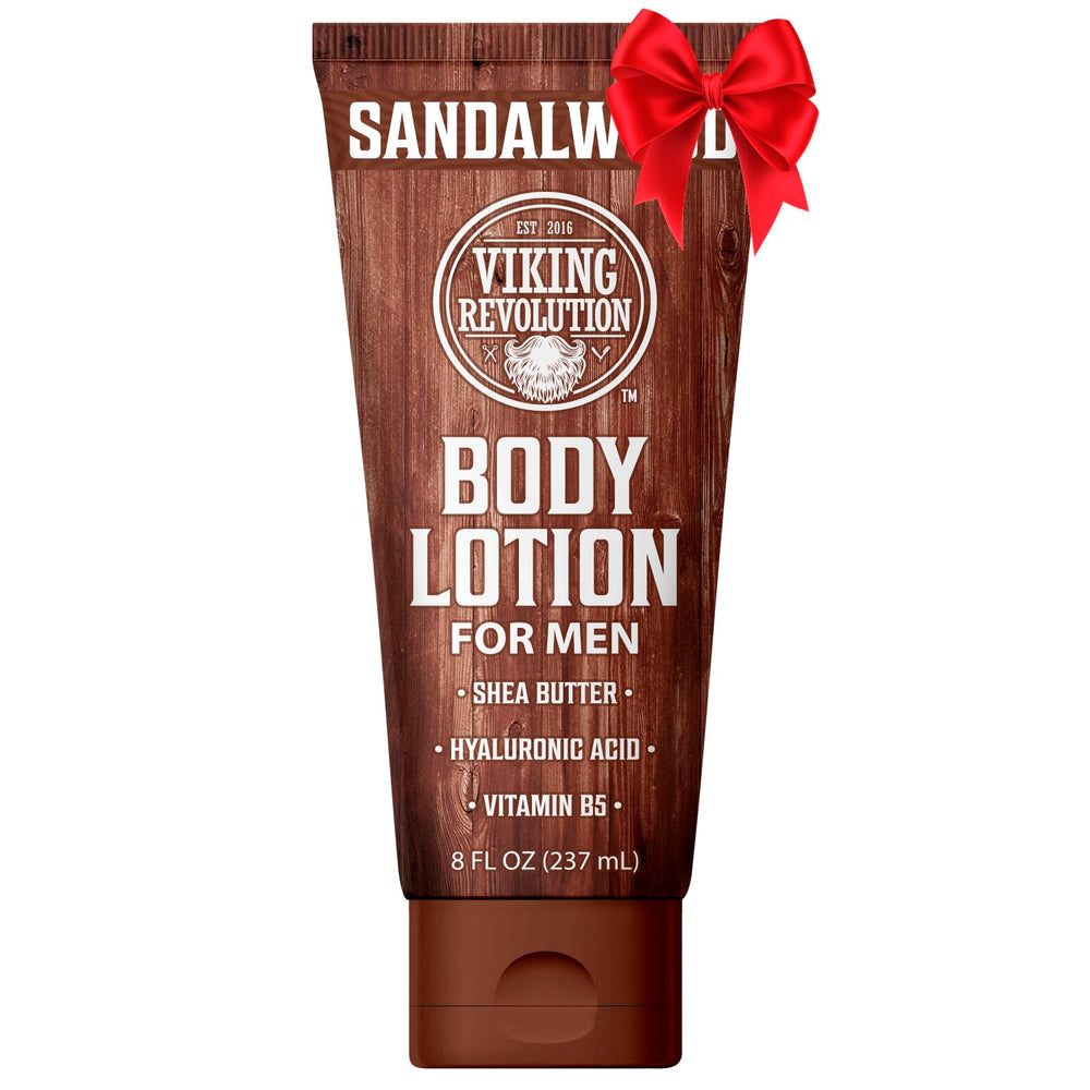 Viking Revolution loción corporal con sándalo en botella, hidratación profunda para la piel.