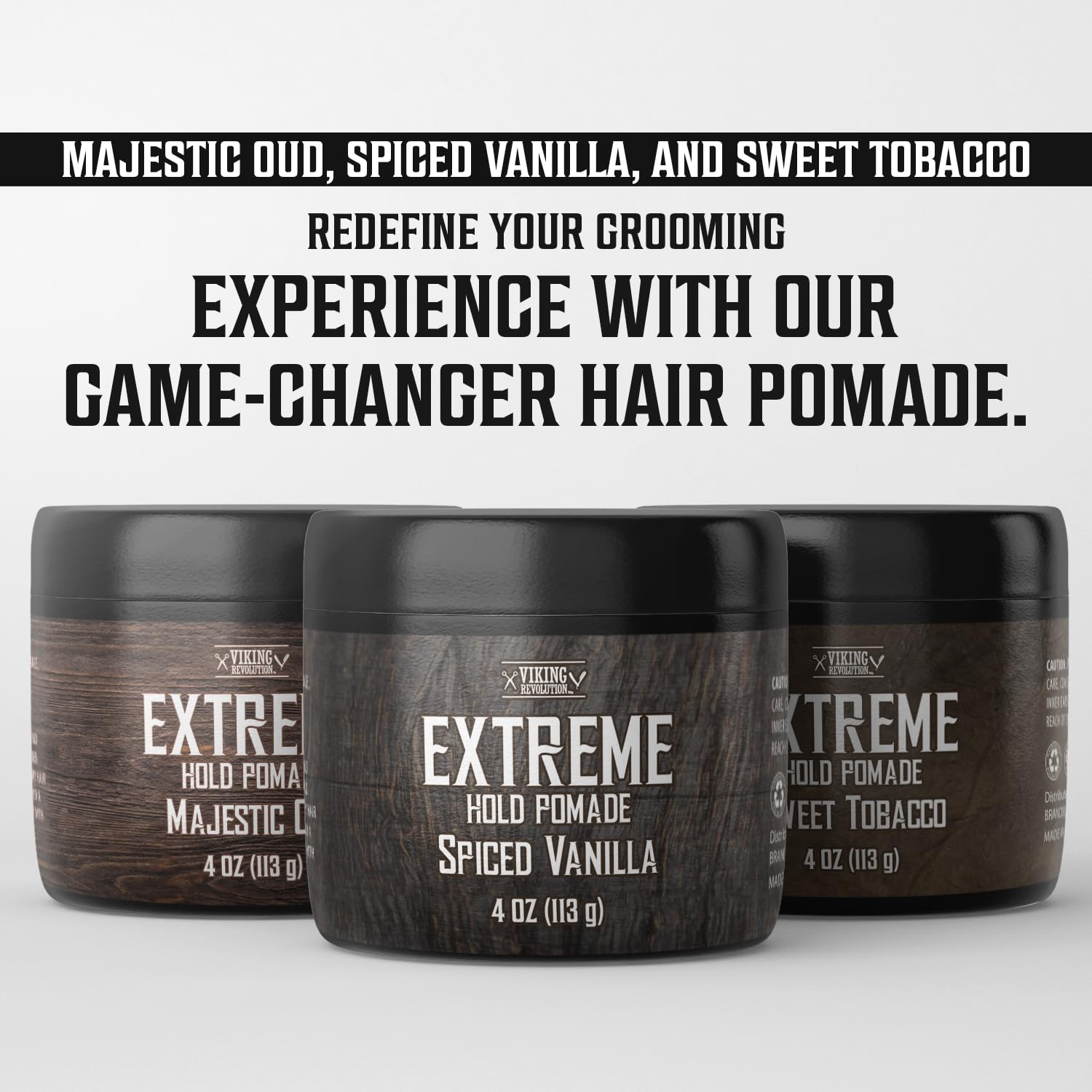 Etiqueta clara con información del producto Viking Revolution Sweet Tobacco Pomade