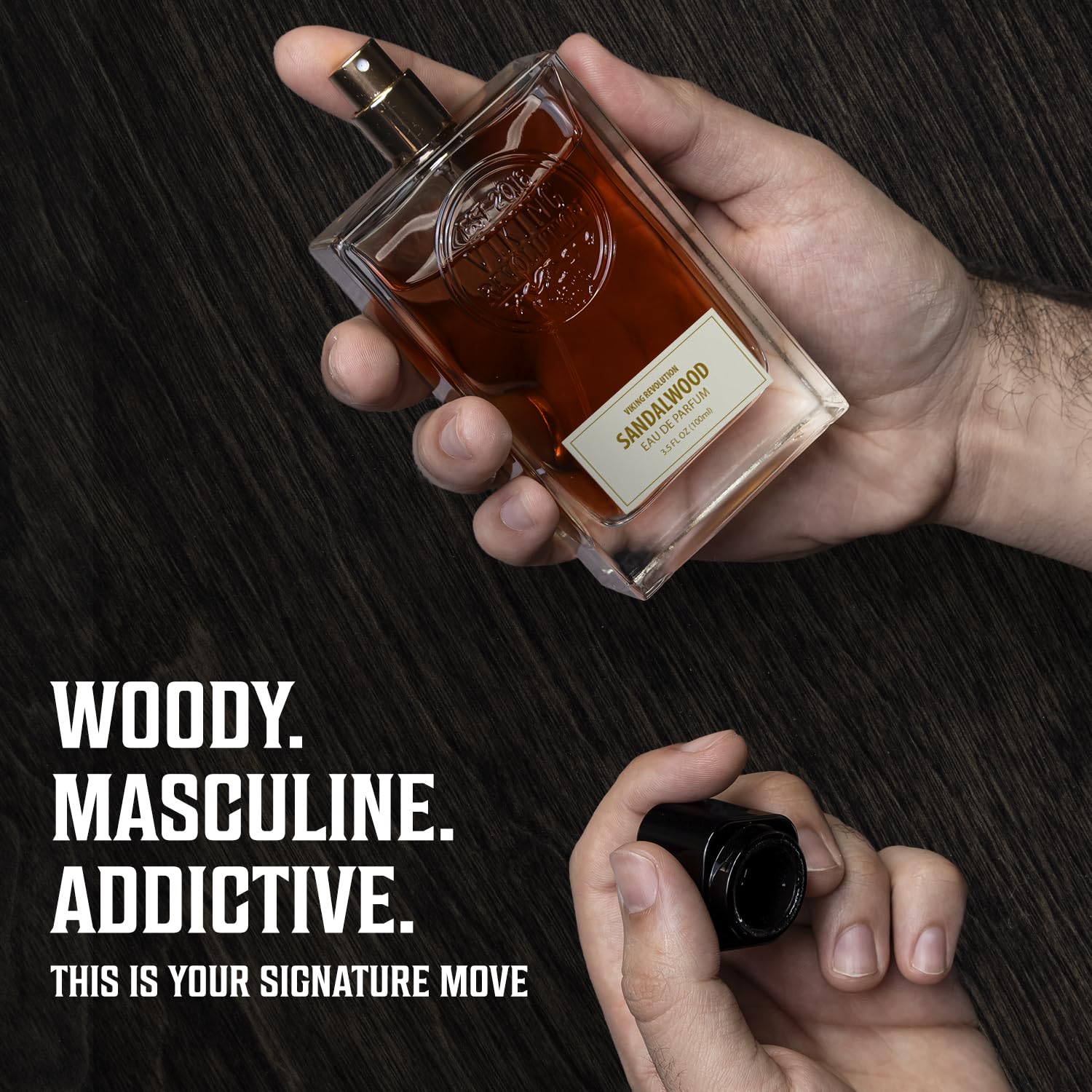 Viking Revolution Sandalwood Cologne with plum blossom and lemon hints for brightness.