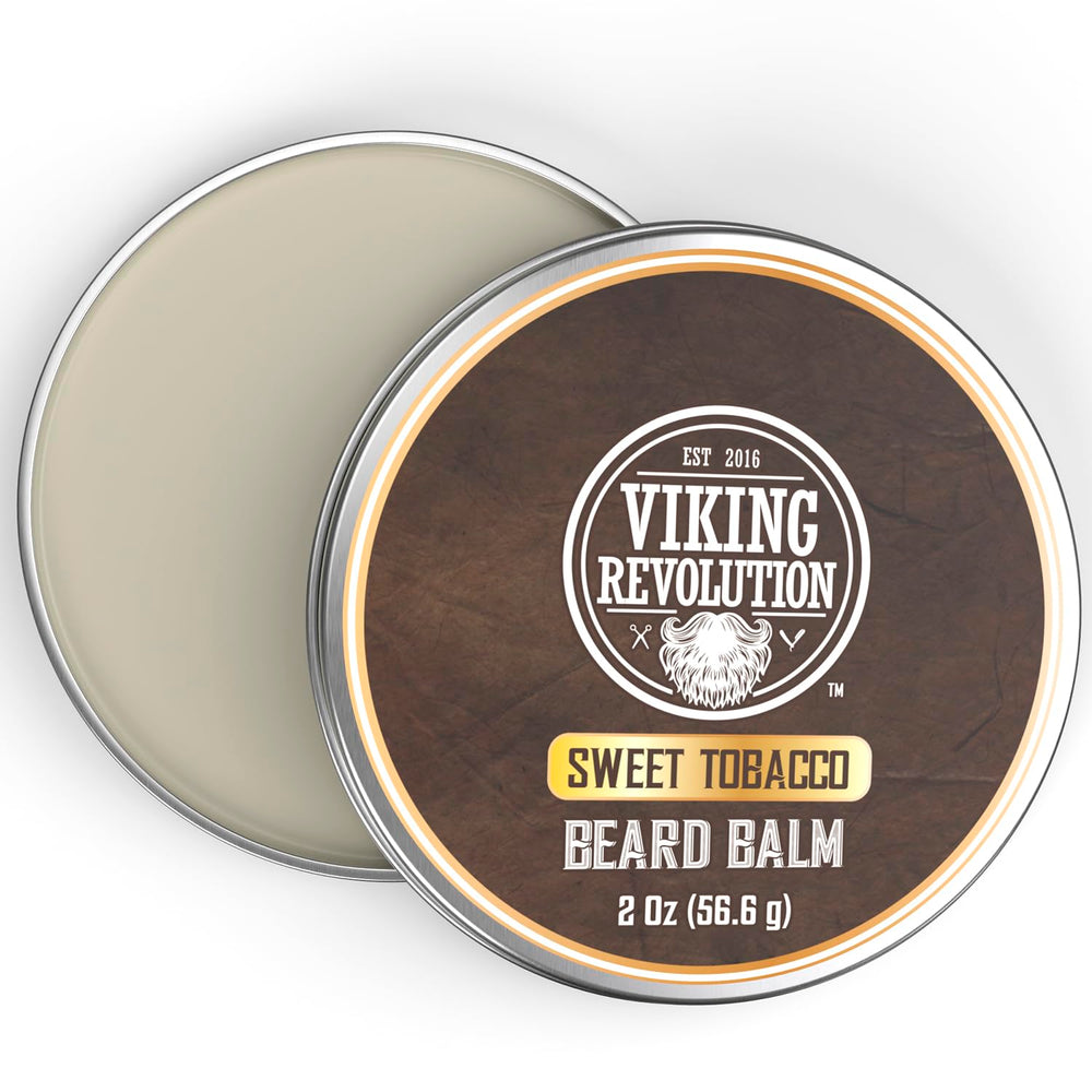 Close-up of Viking Revolution balm jar highlighting natural ingredients and smooth texture