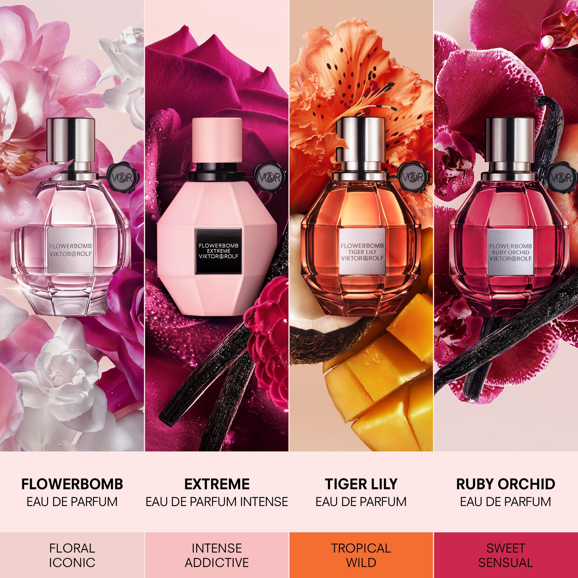 Viktor&Rolf Flowerbomb: textura dulce y luminosa del frasco en primer plano.