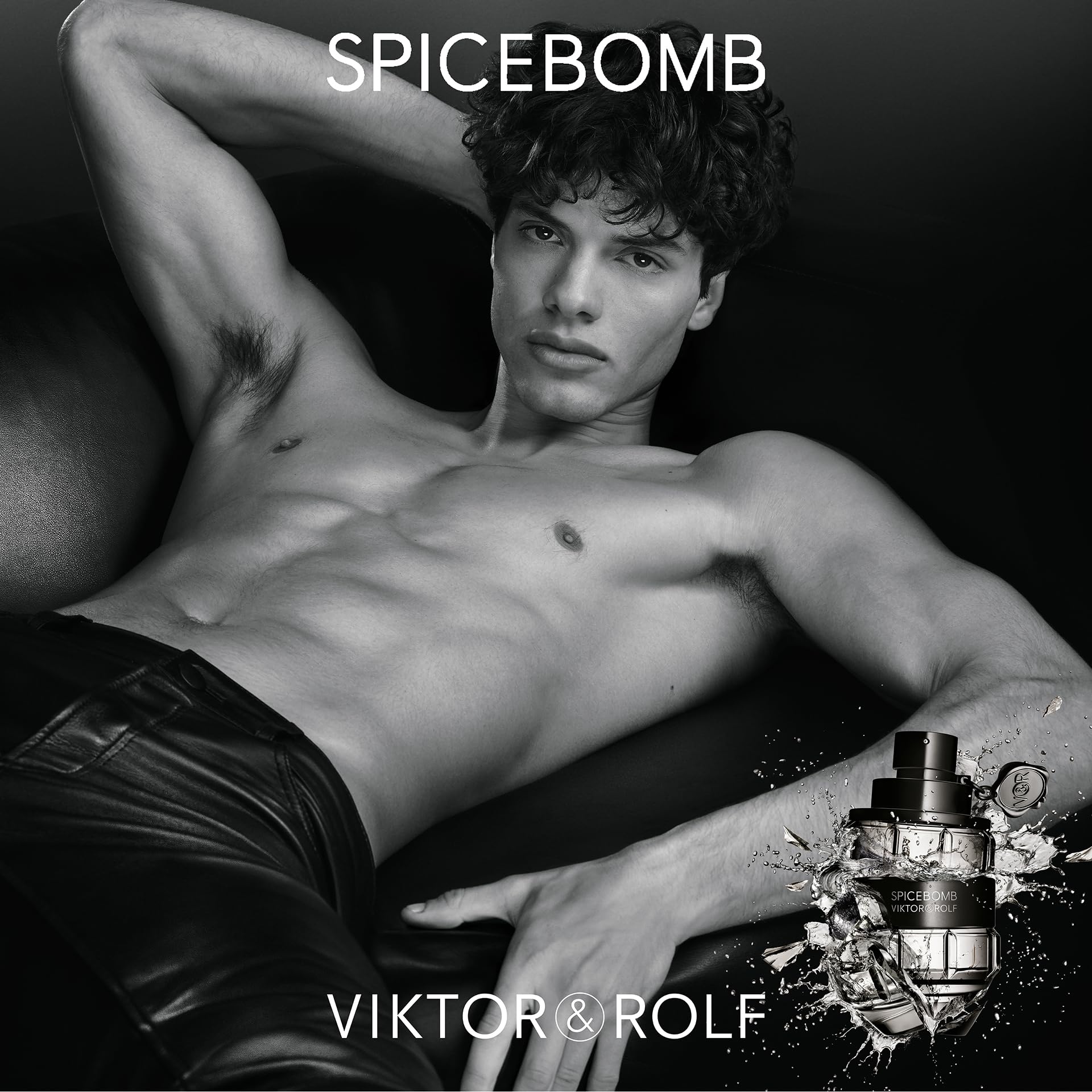 Viktor & Rolf Spicebomb, etiqueta-detalle, promoción del aroma con estilo distintivo.