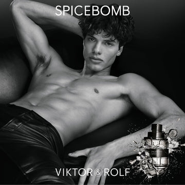 Viktor & Rolf Spicebomb, etiqueta-detalle, promoción del aroma con estilo distintivo.