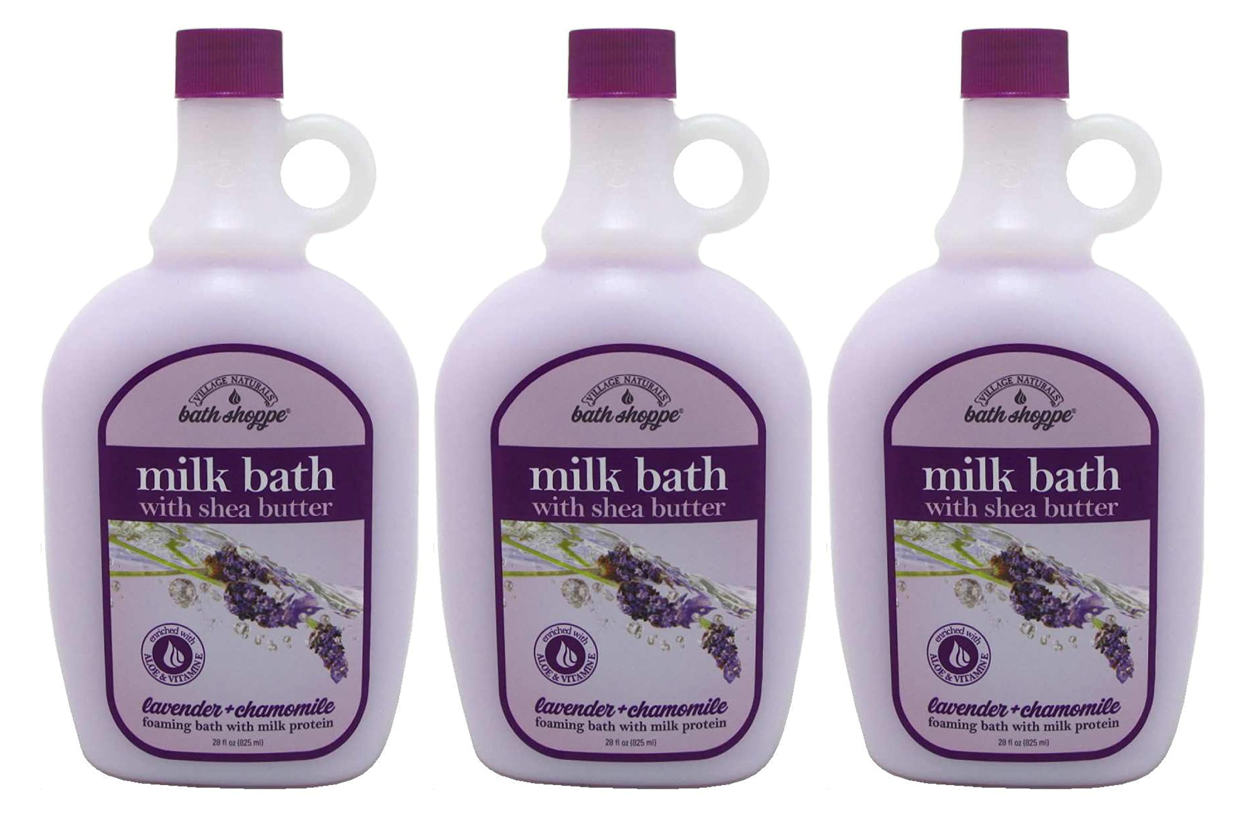 Village Naturals Therapy lavender bath milk bottle in a 3-pack for hydrated skin