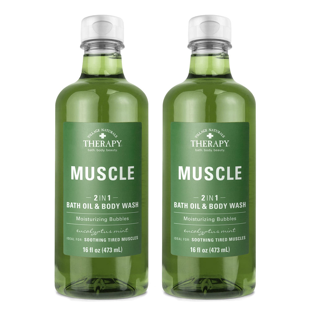 Village Naturals Therapy Muscle Foaming Bath Oil muestra la botella para un relax aromático.