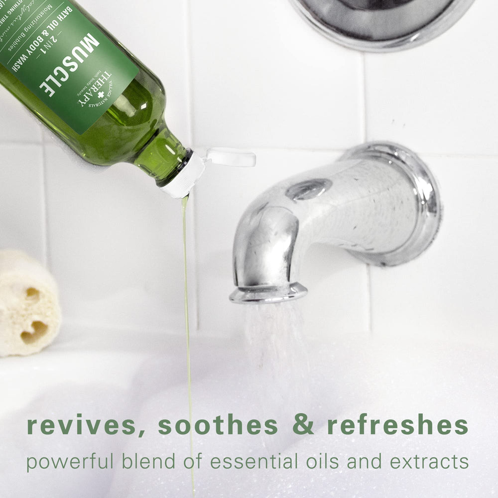 Village Naturals Therapy Muscle Foaming Bath Oil con burbujas abundantes para spa en casa.