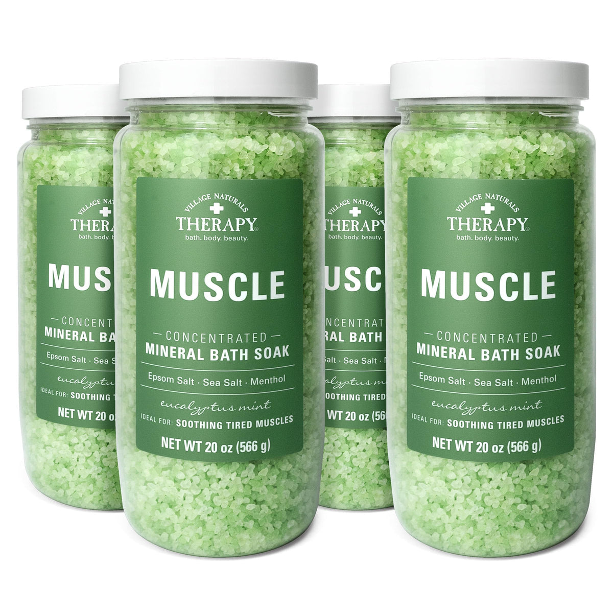 Village Naturals Therapy muscle-sel bain minéral concentré, eucalyptus menthe pour relaxation.