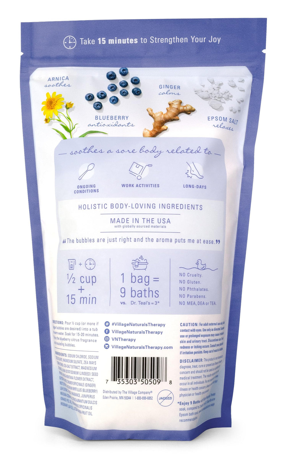 Village Naturals Therapy Comfort Bath, fragancia arándano cítrico para baño vigorizante.
