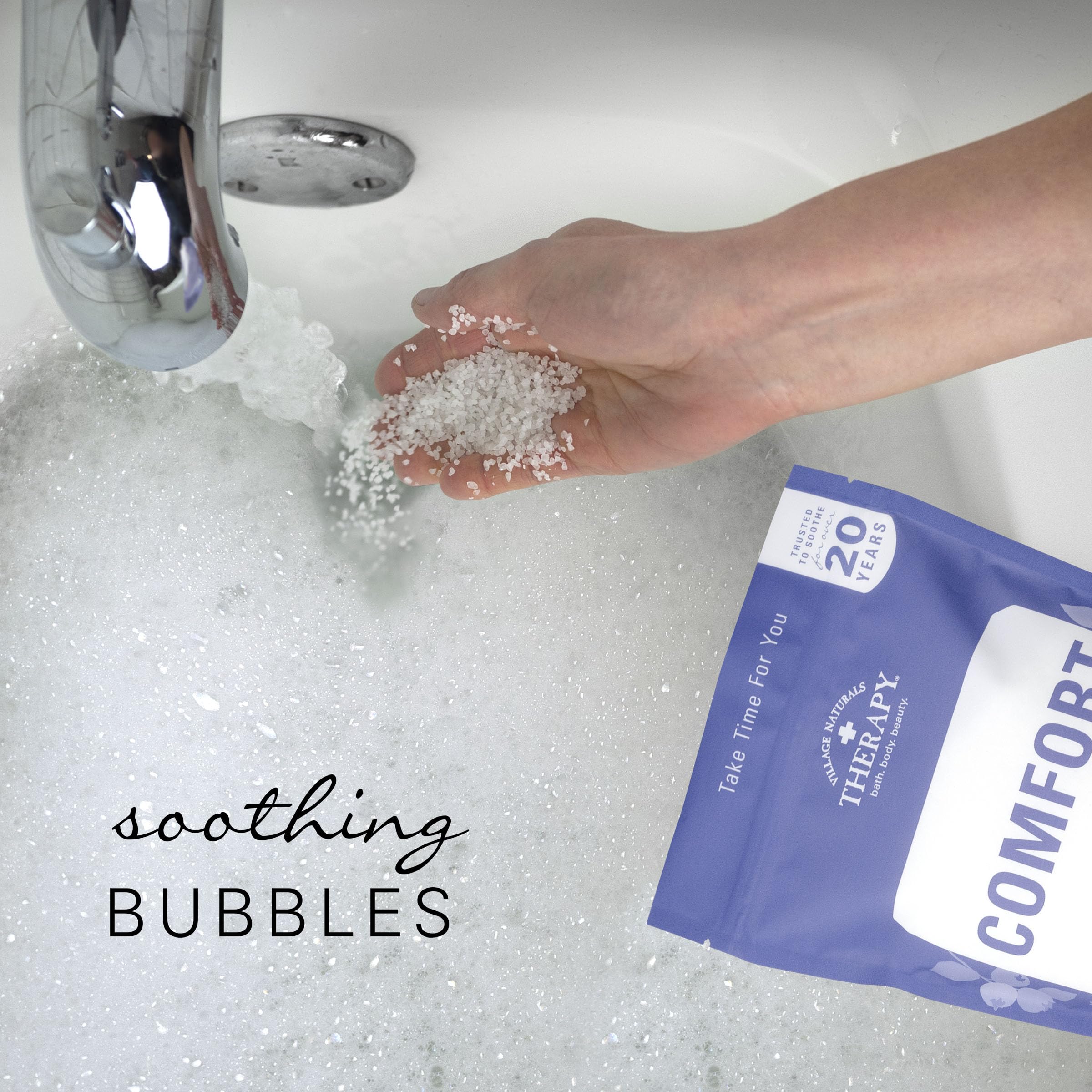 Village Naturals Therapy Comfort Bath, burbujas suaves en la tina para calma diaria.