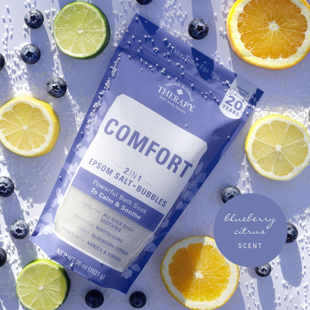Village Naturals Therapy Comfort Bath, envase doble ideal para uso en casa.