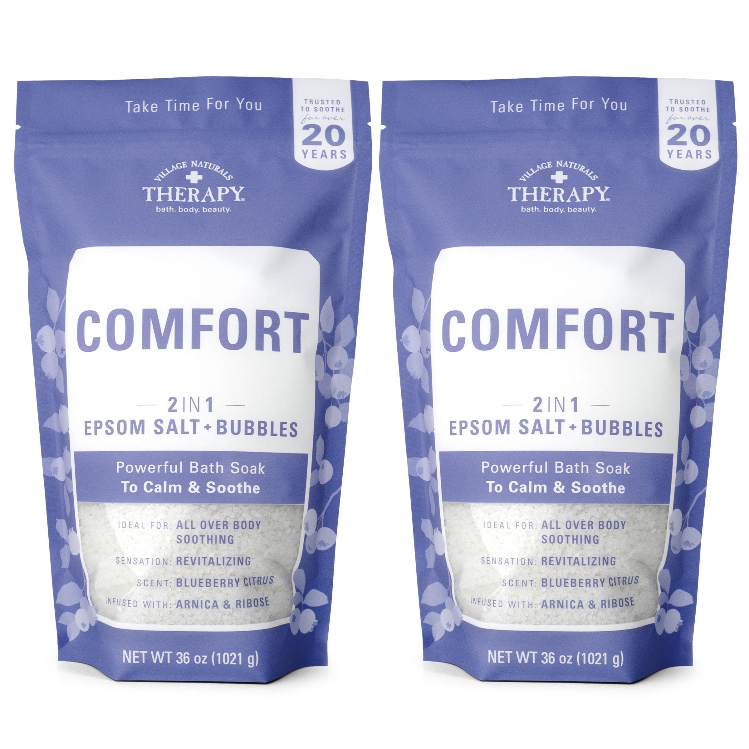 Village Naturals Therapy Comfort Bath, espuma abundante en primer plano para relajación muscular.