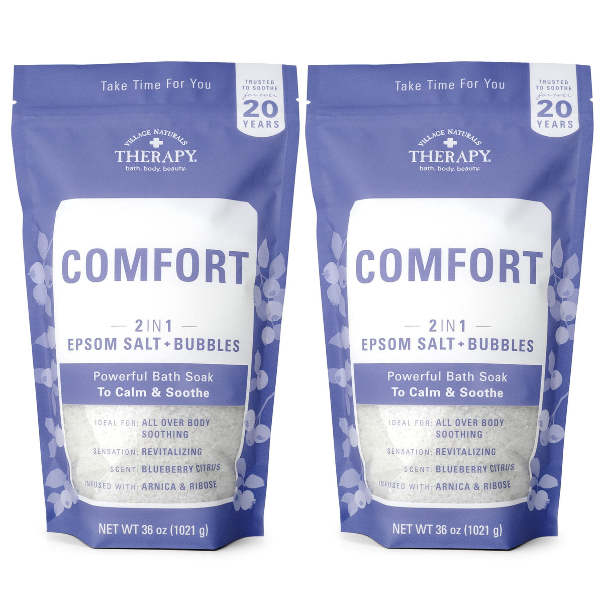 Village Naturals Therapy Comfort Bath, espuma abundante en primer plano para relajación muscular.