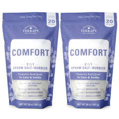 Village Naturals Therapy Comfort Bath, espuma abundante en primer plano para relajación muscular.