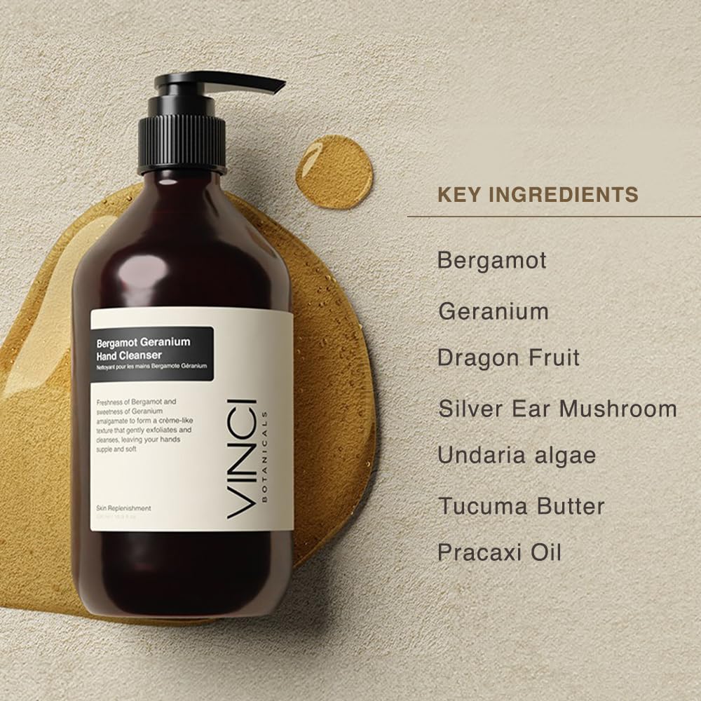 Textura cremosa de Vinci Botanicals Bergamot Geranium para lavado de manos con exfoliación suave.