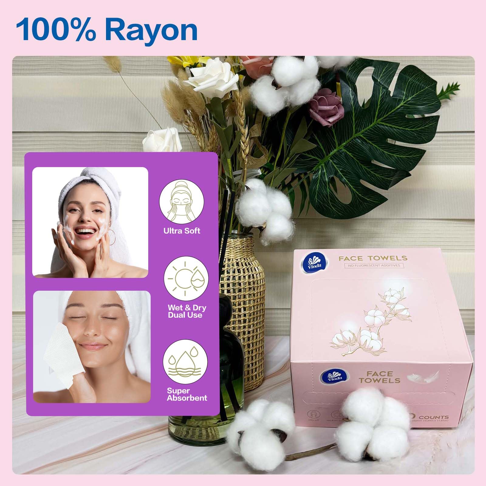 Toallas faciales Vinda, uso universal para rostro y maquillaje.