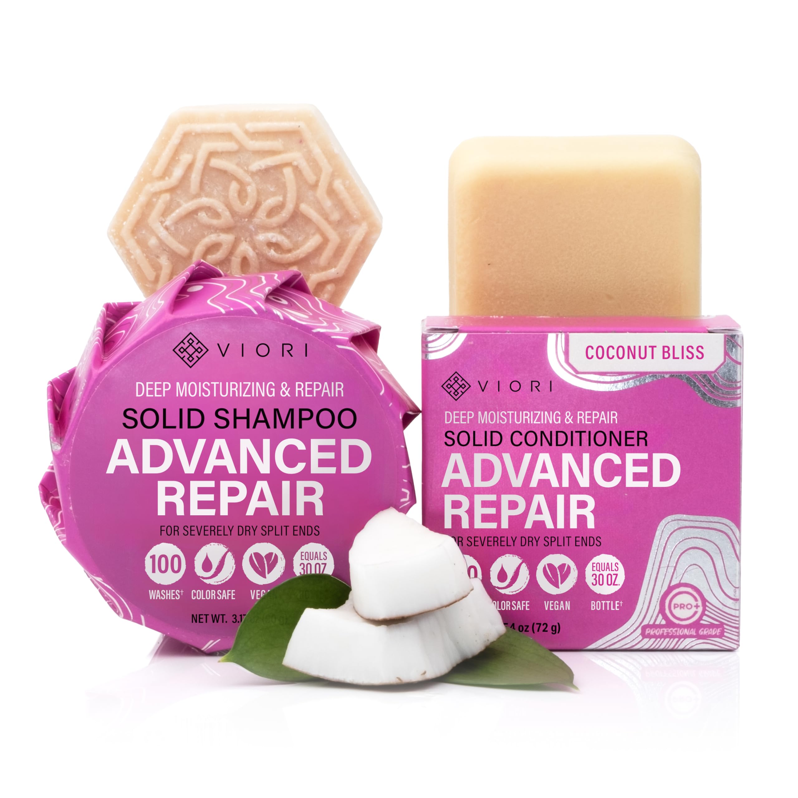 Barra de champú de coco Viori en foco reparador para cabello