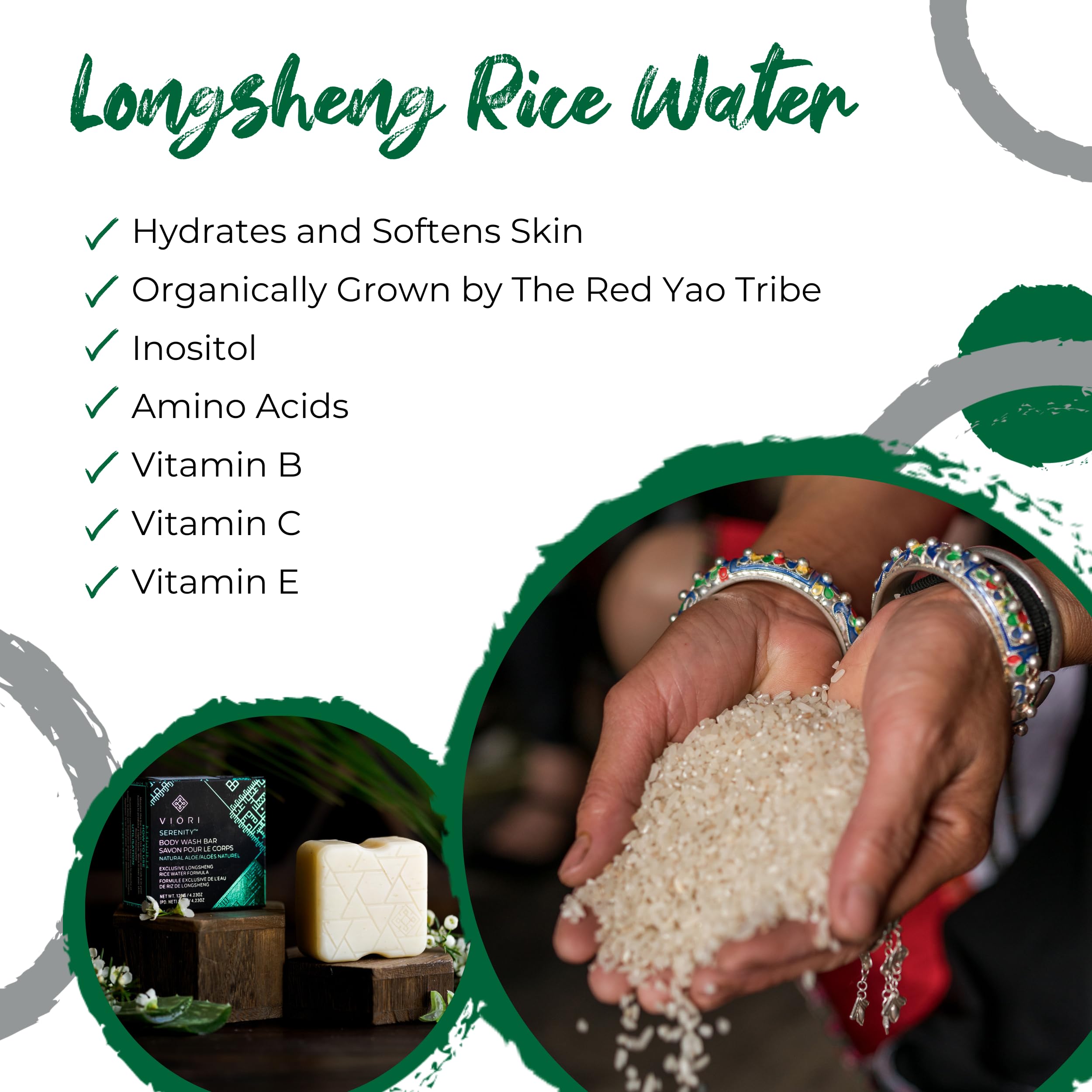 Viori Serenity detalle arroz Longsheng, ingrediente natural para piel equilibrada.