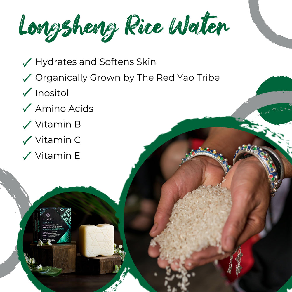 Viori Serenity detalle arroz Longsheng, ingrediente natural para piel equilibrada.