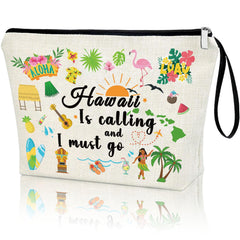 Virfuntaki bolsa Hawaii con diseño en lino, ideal para cosméticos y viajes.
