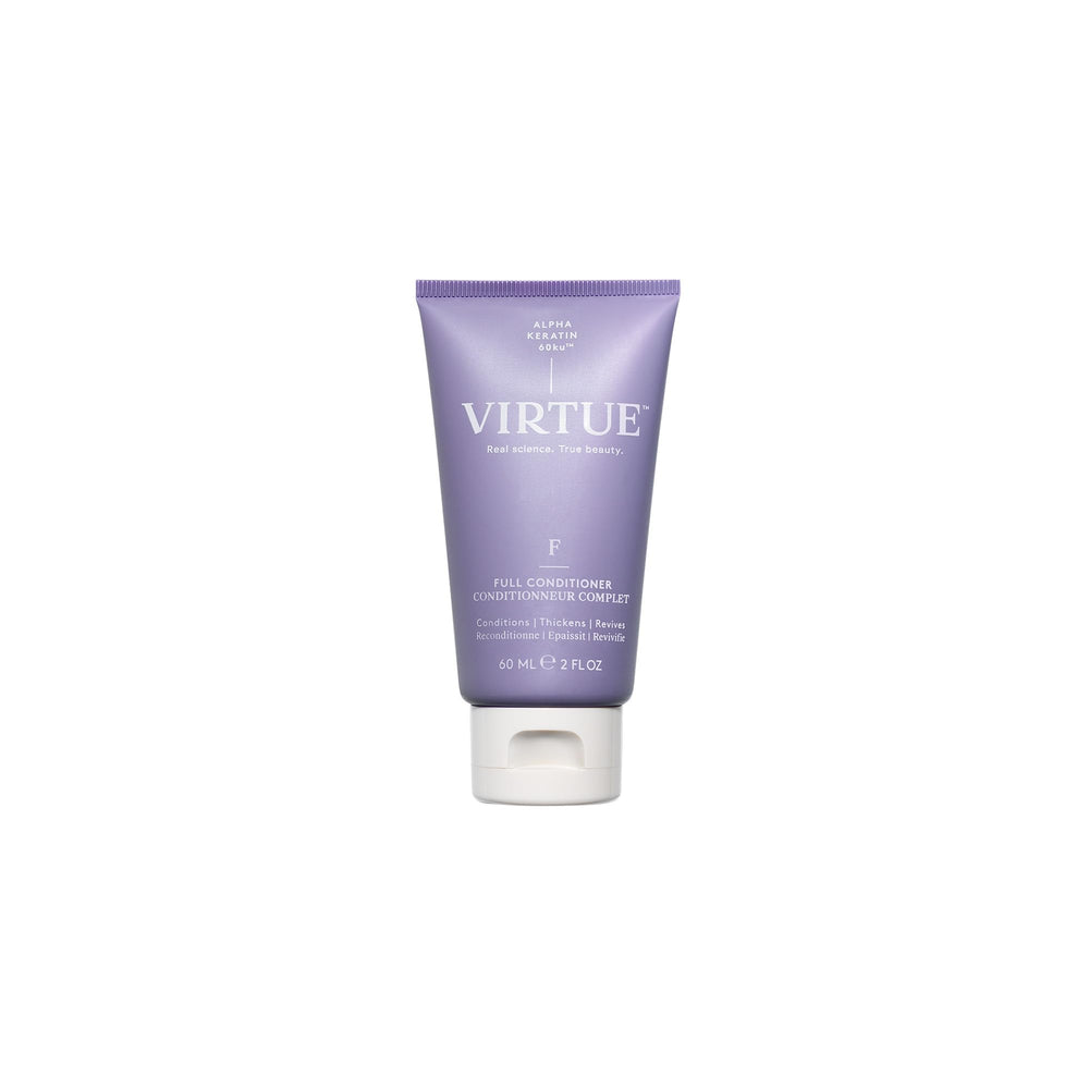 Acondicionador Virtue completo en botella, diseño elegante para cabello con volumen.