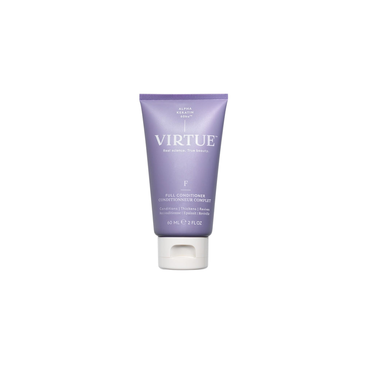 Acondicionador Virtue completo en botella, diseño elegante para cabello con volumen.