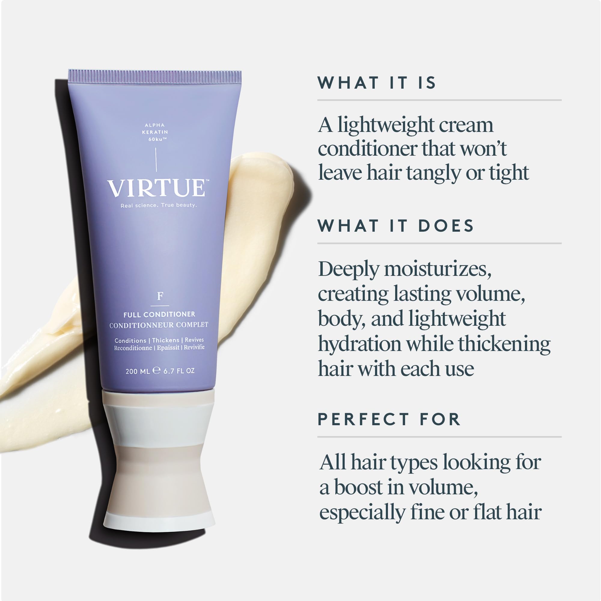 Acondicionador VIRTUE Completo, fragancia cítrica floral refrescante al peinar.