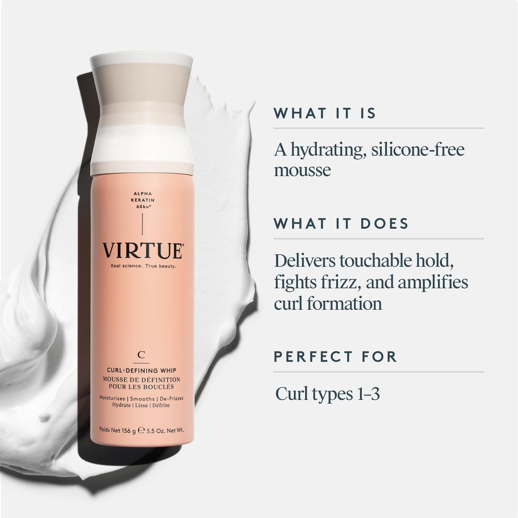 Virtue Curl Defining Whip aplicación en rizos húmedos para definición uniforme