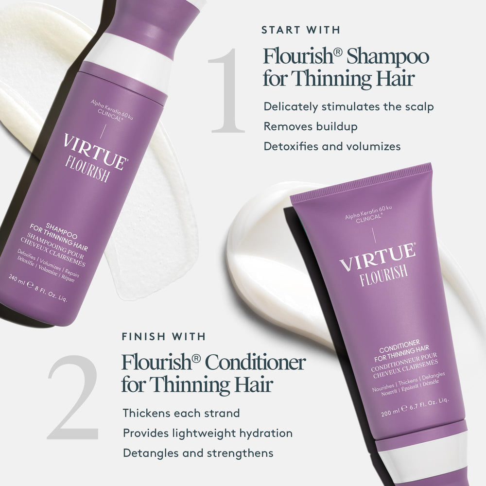 Virtue Flourish sin sulfatos para conservar color y fibra capilar.