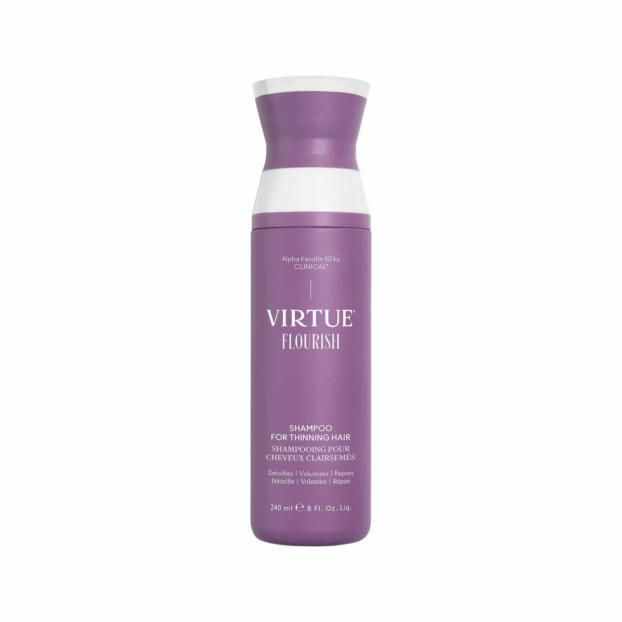 Virtue Flourish Shampoo presenta la botella frontal para lavado suave y purificación del cuero cabelludo