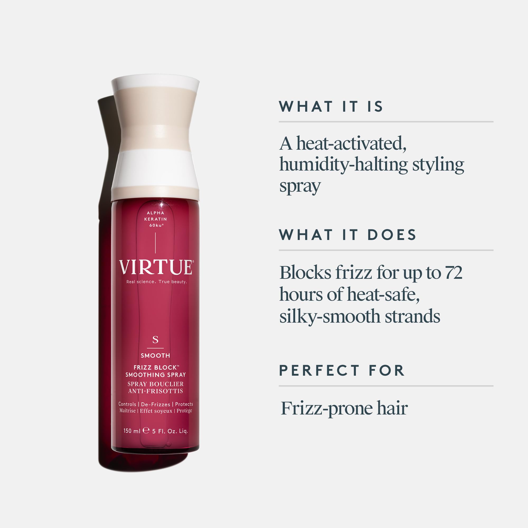 VIRTUE Frizz Block Spray: aplicación en spray para protección del calor.