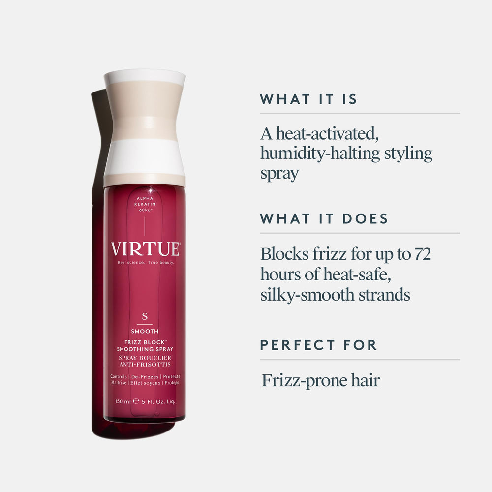 VIRTUE Frizz Block Spray: aplicación en spray para protección del calor.