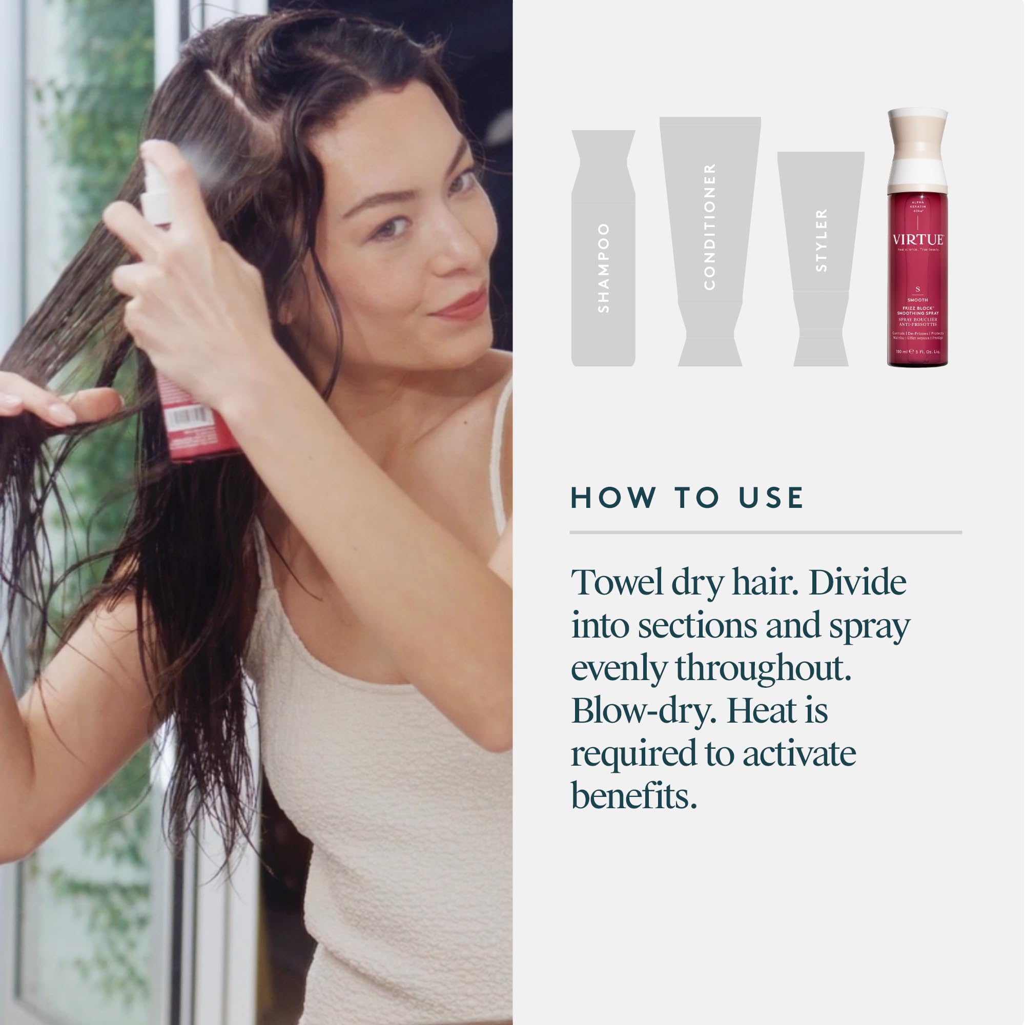 VIRTUE Frizz Block Spray: textura ligera que no apelmaza el cabello.