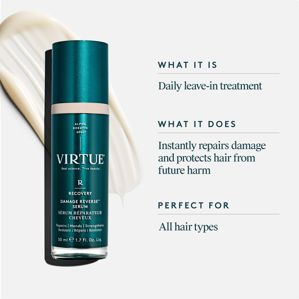 Texture crème-sérum VIRTUE Recovery Damage Reverse offrant absorption rapide.
