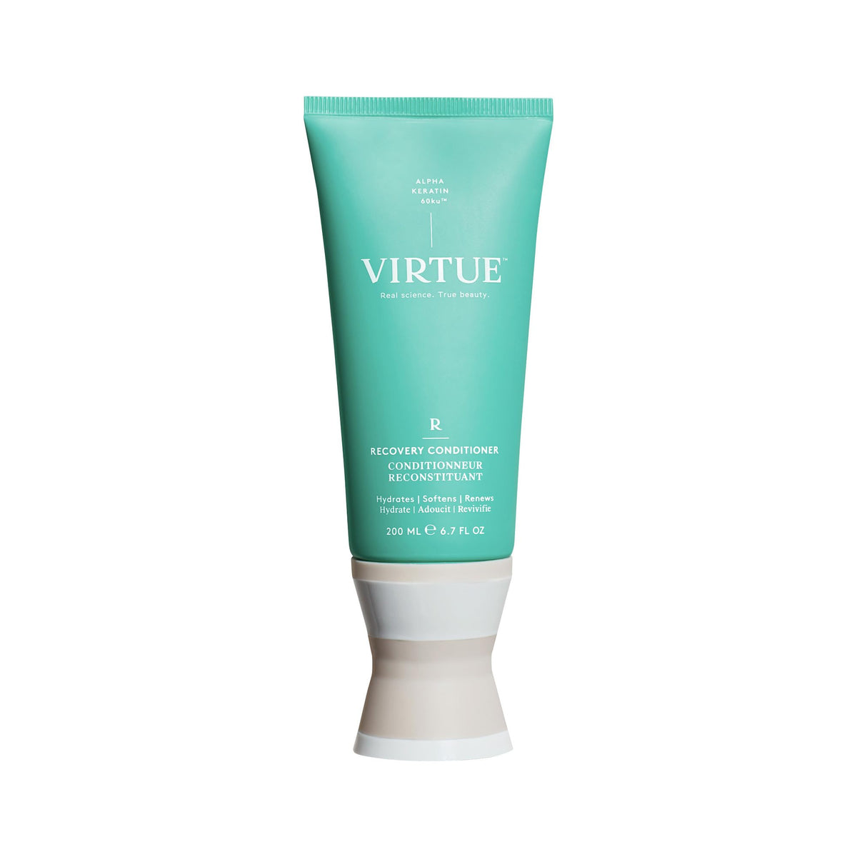 Acondicionador VIRTUE Recuperación, botella crema, hidrata y aporta suavidad duradera.
