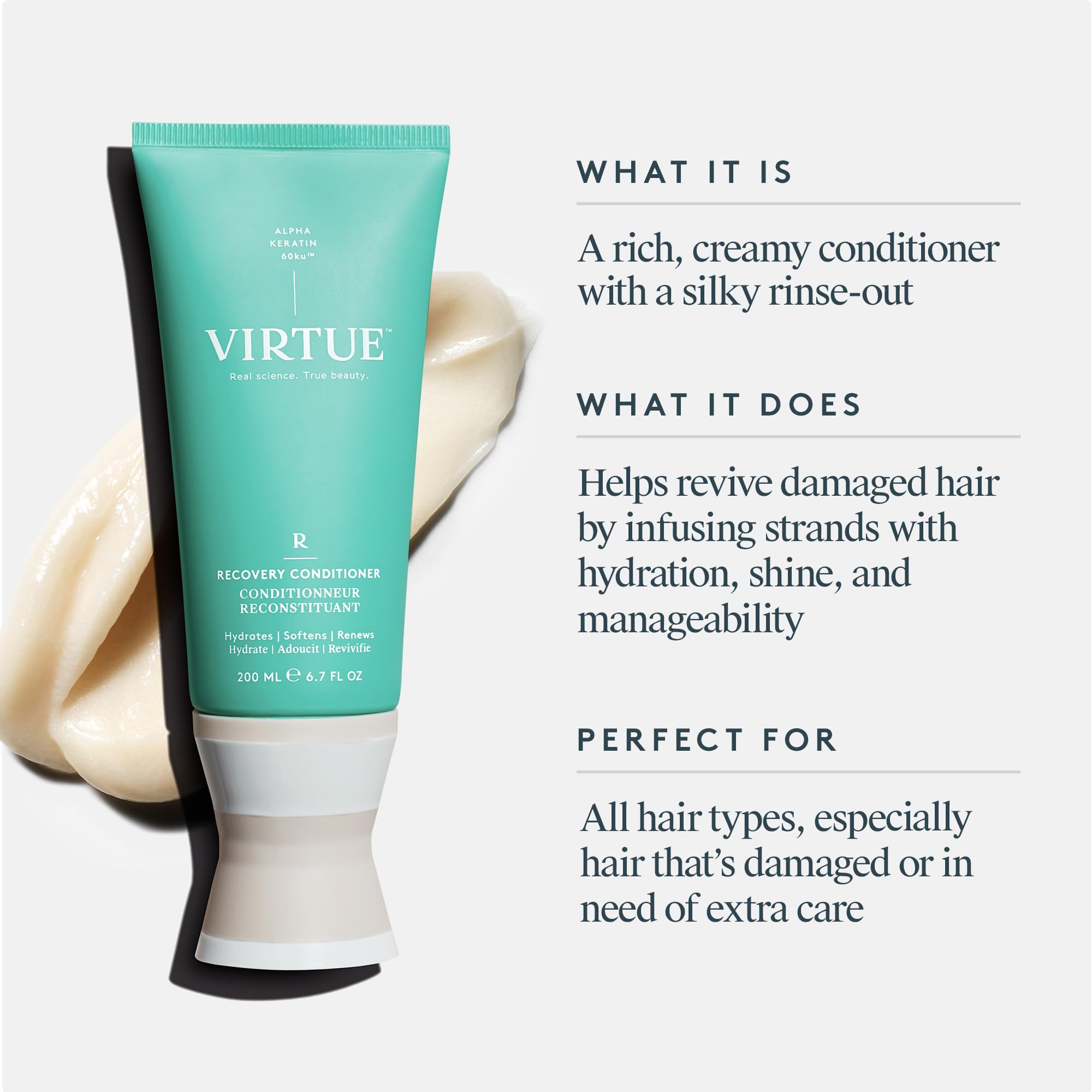 Cabello dañado con VIRTUE Recuperación, muestra suavidad tras lavado.