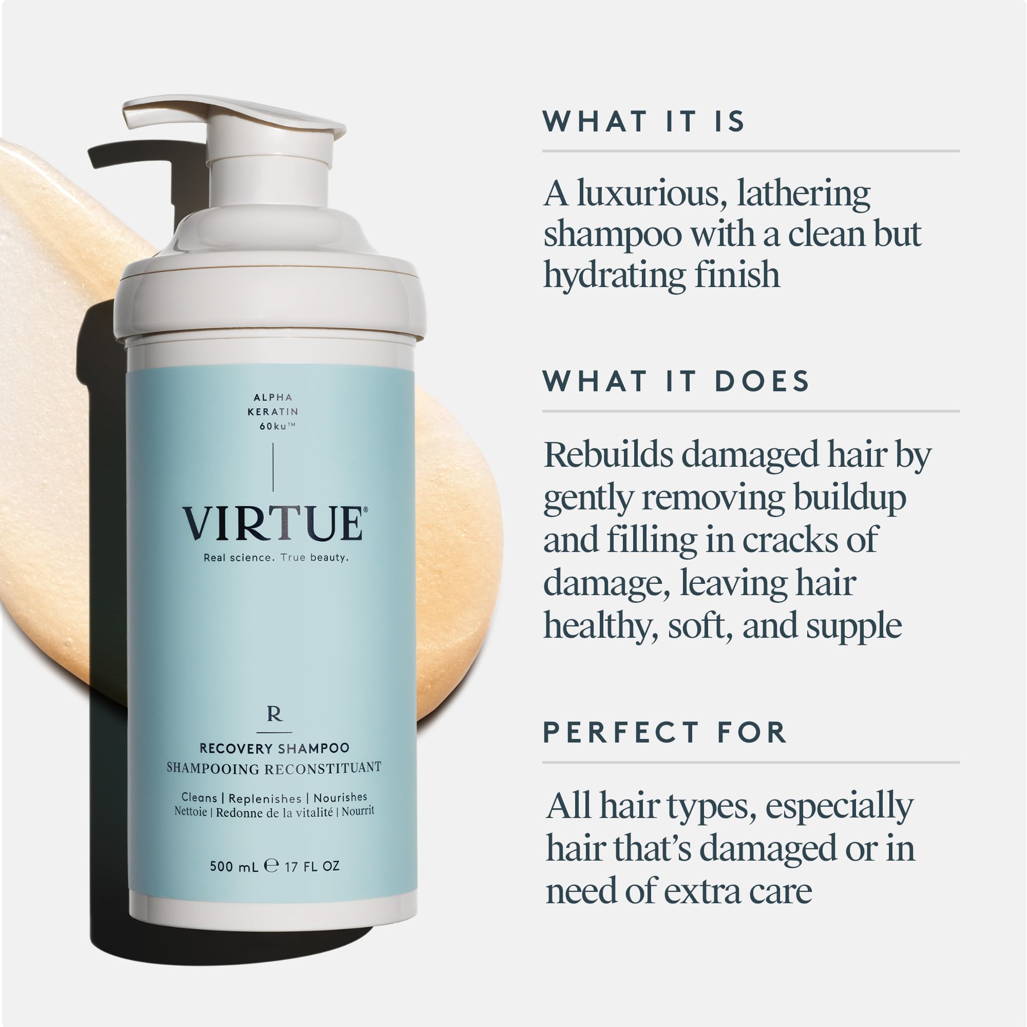 VIRTUE champú de recuperación: botella con keratina y baobab para reparar la fibra capilar.