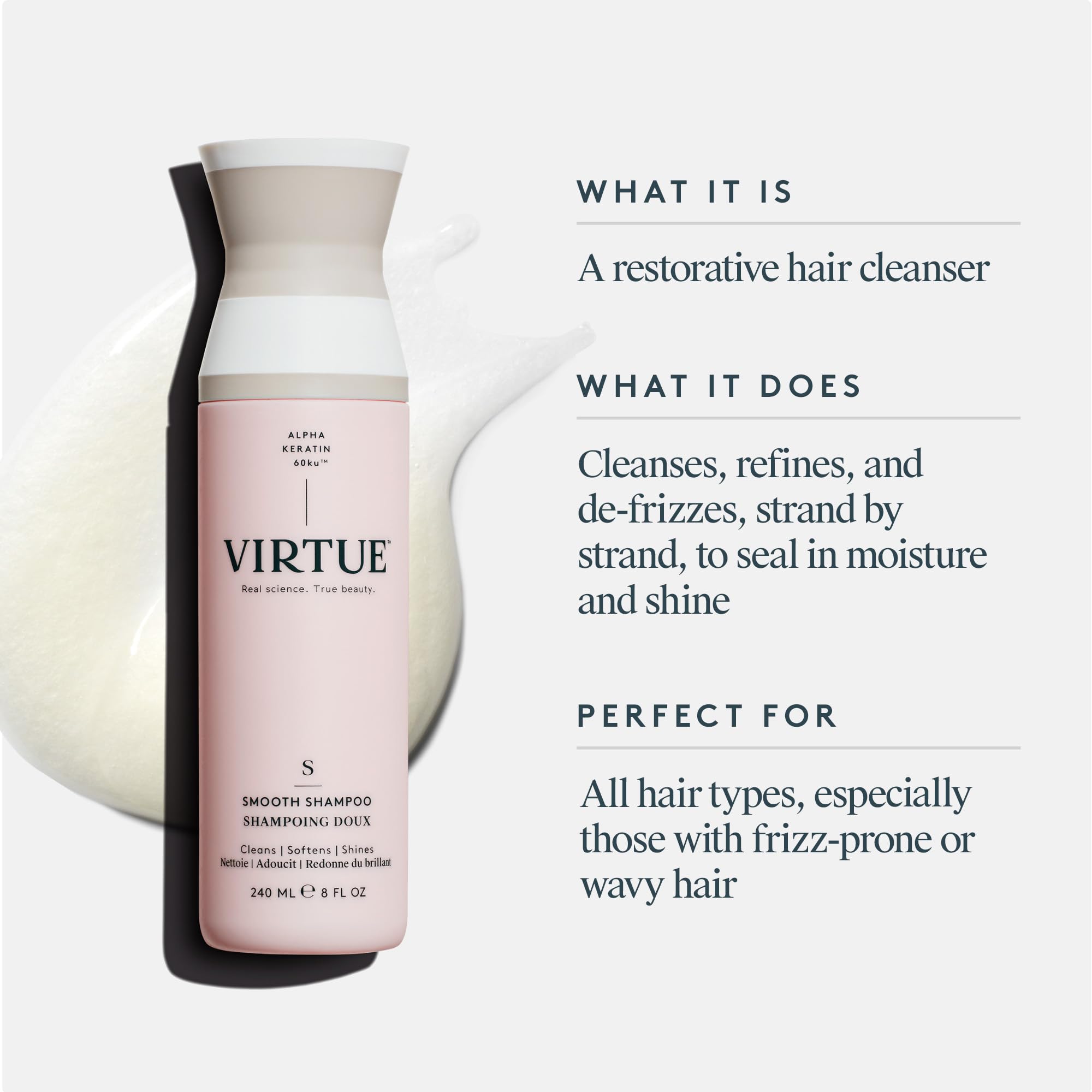 Virtue Smooth Shampoo: sans-sulfates, nettoyage doux pour cheveux sensibles.
