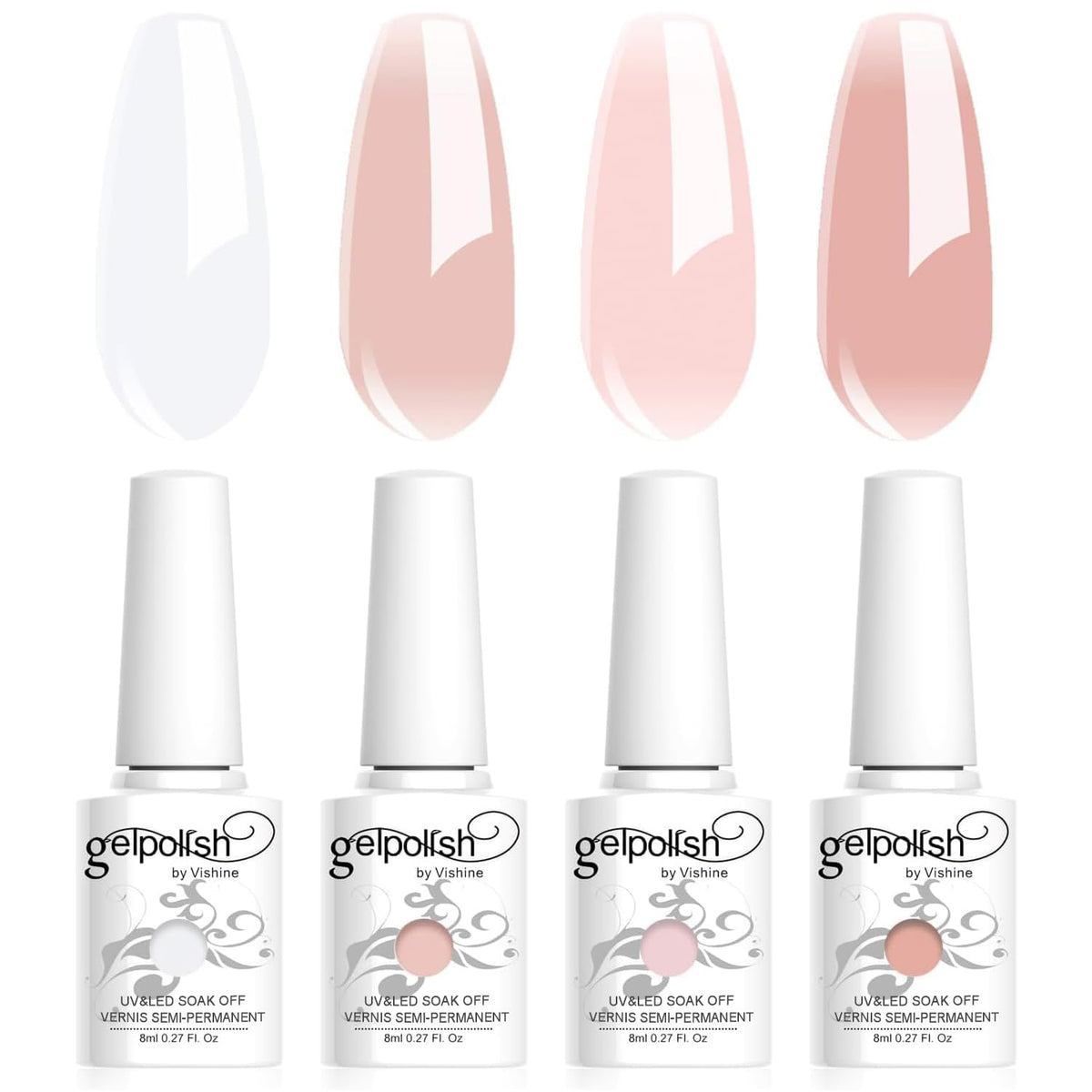 Vishine gel nude translúcido rosa lechoso en botella, ideal para manicura suave.