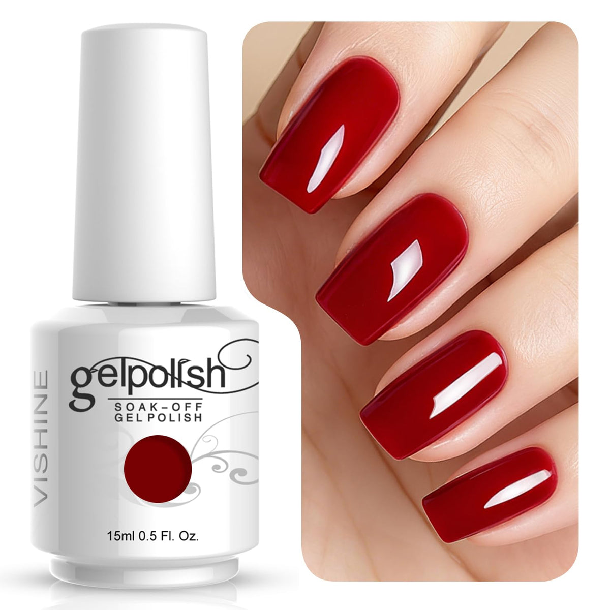 Vishine Gelpolish Rojo Sangre con acabado intenso y duradero en uñas.
