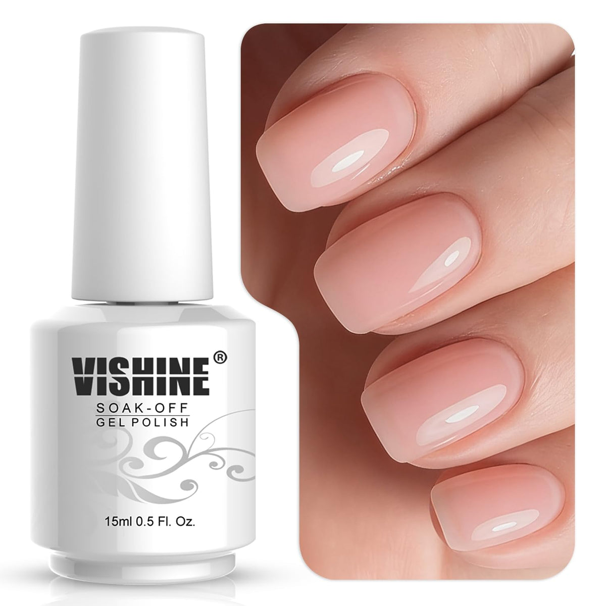 Vishine Jelly rosado nude en bote, color natural para uñas elegantes.