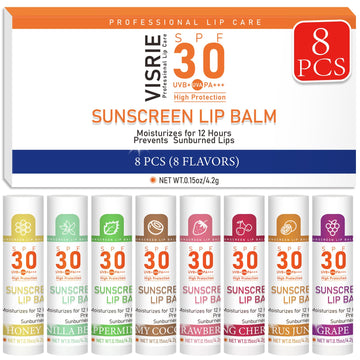 VISRIE SPF30 bálsamo labial, 8 sabores, protección e hidratación en una caja práctica.
