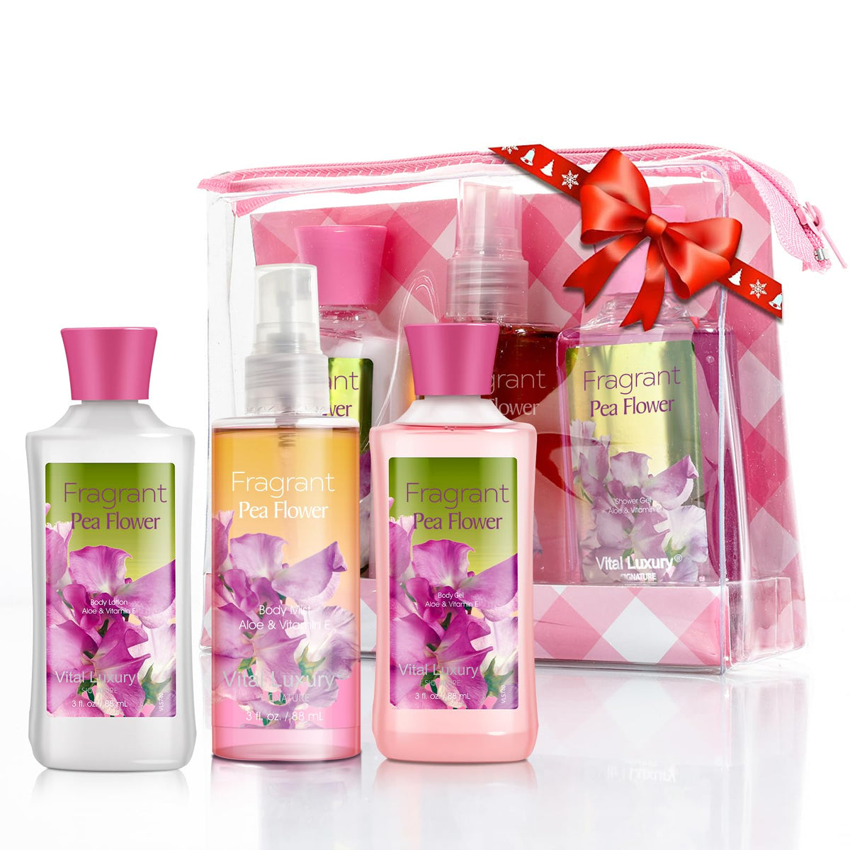Vital Luxury Gel Ducha Flor de Guisante para viaje, limpieza suave y fragancia agradable.