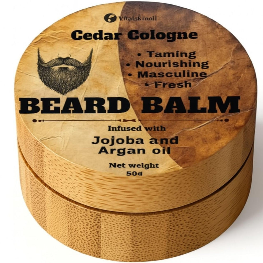 Bálsamo VITALSKINOIL para barba con aroma a cedro en envase de bambú, suavidad asegurada.