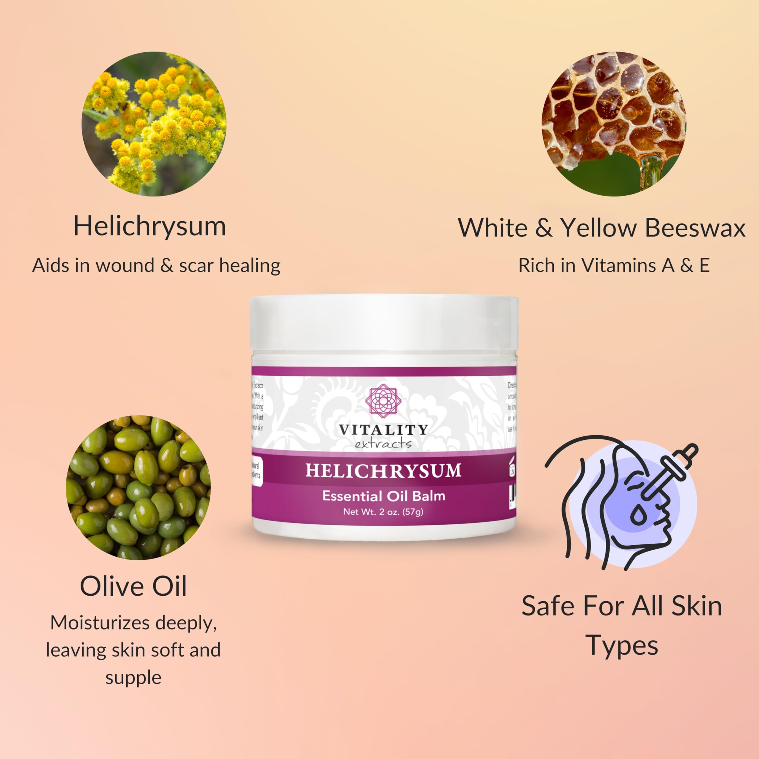 Etiqueta limpia de Vitality Helichrysum Balm, libre de parabenos y toxinas